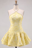 Abito corto di ritorno a casa giallo floreale Jacquard Short con decorazioni di perle
