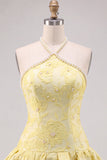 Abito corto di ritorno a casa giallo floreale Jacquard Short con decorazioni di perle