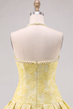 Abito corto di ritorno a casa giallo floreale Jacquard Short con decorazioni di perle
