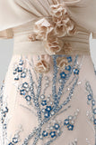 Champagne scintillante sirena paillettes lungo abito madre della sposa con applicazioni 3D