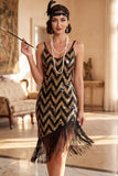 Abito corto 1920 con paillettes bianche dorate scintillanti con fringhe