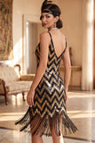 Abito corto 1920 con paillettes bianche dorate scintillanti con fringhe
