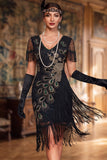 Abito Midi anni '20 con paillettes nere scintillanti e scollo a V con frange