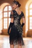 Abito Midi anni '20 con paillettes nere scintillanti e scollo a V con frange
