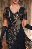 Abito Midi anni '20 con paillettes nere scintillanti e scollo a V con frange
