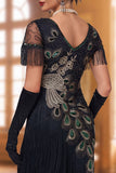 Abito Midi anni '20 con paillettes nere scintillanti e scollo a V con frange