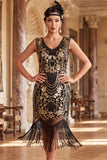 Abito vintage neri dorati con frange floreali Il Grande Gatsby e perline