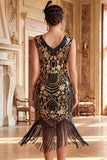 Abito vintage neri dorati con frange floreali Il Grande Gatsby e perline