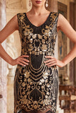 Abito vintage neri dorati con frange floreali Il Grande Gatsby e perline