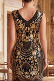 Abito vintage neri dorati con frange floreali Il Grande Gatsby e perline