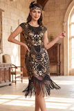 Nero dorato vintage a maniche a frange con maniche a cappuccio Paillettes vestito flapper anni '20 con perline