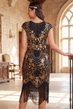 Nero dorato vintage a maniche a frange con maniche a cappuccio Paillettes vestito flapper anni '20 con perline