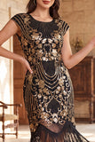 Nero dorato vintage a maniche a frange con maniche a cappuccio Paillettes vestito flapper anni '20 con perline