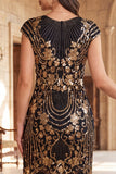 Nero dorato vintage a maniche a frange con maniche a cappuccio Paillettes vestito flapper anni '20 con perline