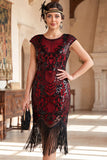 Nero dorato vintage a maniche a frange con maniche a cappuccio Paillettes vestito flapper anni '20 con perline