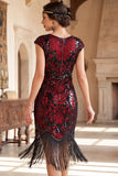 Nero dorato vintage a maniche a frange con maniche a cappuccio Paillettes vestito flapper anni '20 con perline