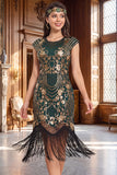 Nero dorato vintage a maniche a frange con maniche a cappuccio Paillettes vestito flapper anni '20 con perline