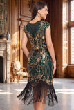 Nero dorato vintage a maniche a frange con maniche a cappuccio Paillettes vestito flapper anni '20 con perline