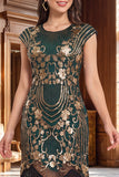 Nero dorato vintage a maniche a frange con maniche a cappuccio Paillettes vestito flapper anni '20 con perline