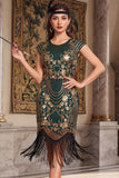 Nero dorato vintage a maniche a frange con maniche a cappuccio Paillettes vestito flapper anni '20 con perline