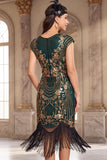 Nero dorato vintage a maniche a frange con maniche a cappuccio Paillettes vestito flapper anni '20 con perline