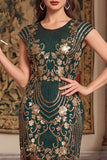 Nero dorato vintage a maniche a frange con maniche a cappuccio Paillettes vestito flapper anni '20 con perline