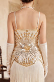 Vestito vintage neri dorati senza maniche anni '20 con frangie