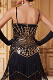 Vestito vintage neri dorati senza maniche anni '20 con frangie