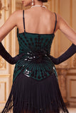 Vestito vintage neri dorati senza maniche anni '20 con frangie