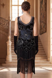 Abito Flapper degli anni '20 con scollo scollato in forma di paillettes nere dorate scintillanti