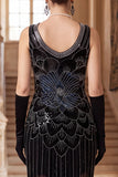 Abito Flapper degli anni '20 con scollo scollato in forma di paillettes nere dorate scintillanti