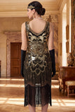 Abito Flapper degli anni '20 con scollo scollato in forma di paillettes nere dorate scintillanti