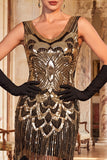 Abito Flapper degli anni '20 con scollo scollato in forma di paillettes nere dorate scintillanti