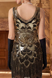 Abito Flapper degli anni '20 con scollo scollato in forma di paillettes nere dorate scintillanti