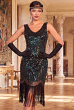 Abito Flapper degli anni '20 con scollo scollato in forma di paillettes nere dorate scintillanti