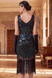 Abito Flapper degli anni '20 con scollo scollato in forma di paillettes nere dorate scintillanti