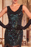 Abito Flapper degli anni '20 con scollo scollato in forma di paillettes nere dorate scintillanti