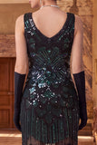 Abito Flapper degli anni '20 con scollo scollato in forma di paillettes nere dorate scintillanti