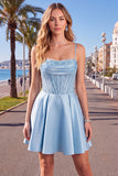 Corsetto blu A Line A Paillettes volant vestito corto da cocktail con pizzo sulla schiena