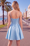Corsetto blu A Line A Paillettes volant vestito corto da cocktail con pizzo sulla schiena