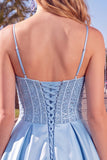 Corsetto blu A Line A Paillettes volant vestito corto da cocktail con pizzo sulla schiena