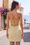 Corsetto giallo bodycon ricamo floreale Abito corto da ritorno a casa con pizzo sulla schiena