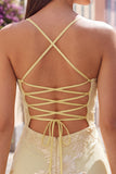 Corsetto giallo bodycon ricamo floreale Abito corto da ritorno a casa con pizzo sulla schiena