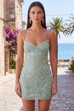 Abito corto di cocktail con spalline spaghetti con perline e albicocca bodycon paillettes