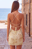 Abito corto di cocktail con spalline spaghetti con perline e albicocca bodycon paillettes