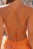 Abito corto di cocktail con spalline spaghetti con perline e albicocca bodycon paillettes
