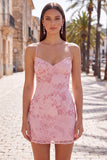 Abito corto di cocktail con spalline spaghetti con perline e albicocca bodycon paillettes