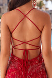 Abito corto di cocktail con spalline spaghetti con perline e albicocca bodycon paillettes