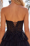 Fucsia Corsetto A Line Abito di cocktail senza spalline con appliques in pizzo