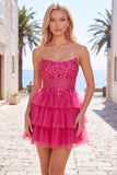 Fucsia Corsetto A Line Abito di cocktail senza spalline con appliques in pizzo
